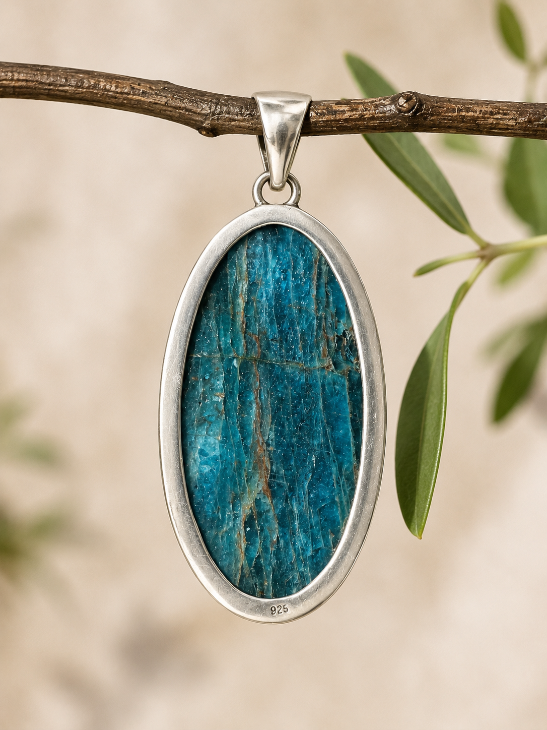 Large Blue Apatite Sterling Silver Pendant