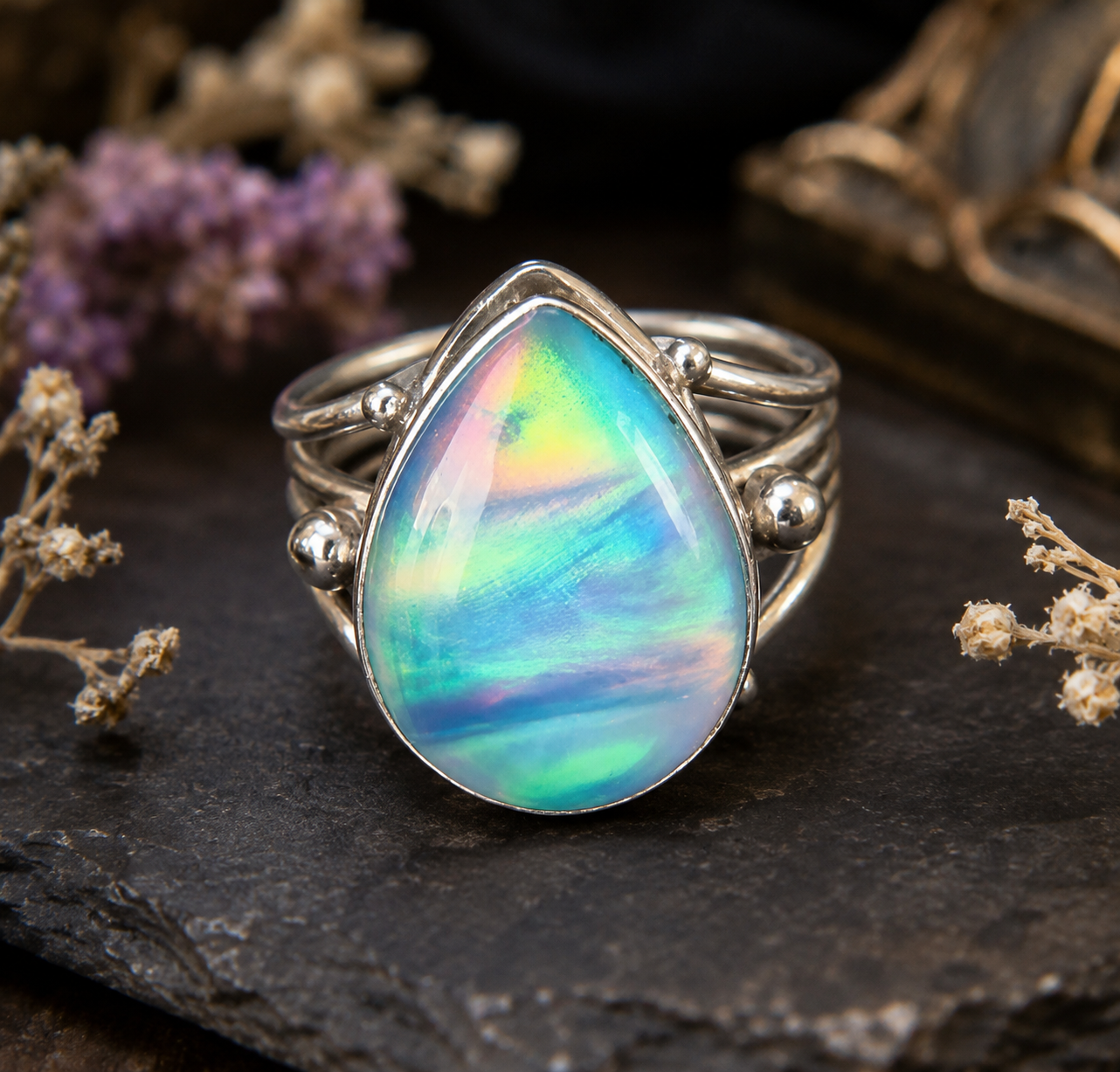 Mystical Aurora Opal Ring -Sterling Silver