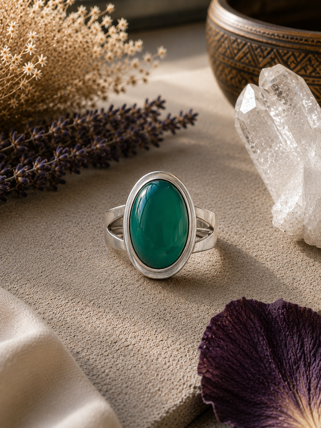 Witchy 1970s  Green Agate Ring in Sterling Silver