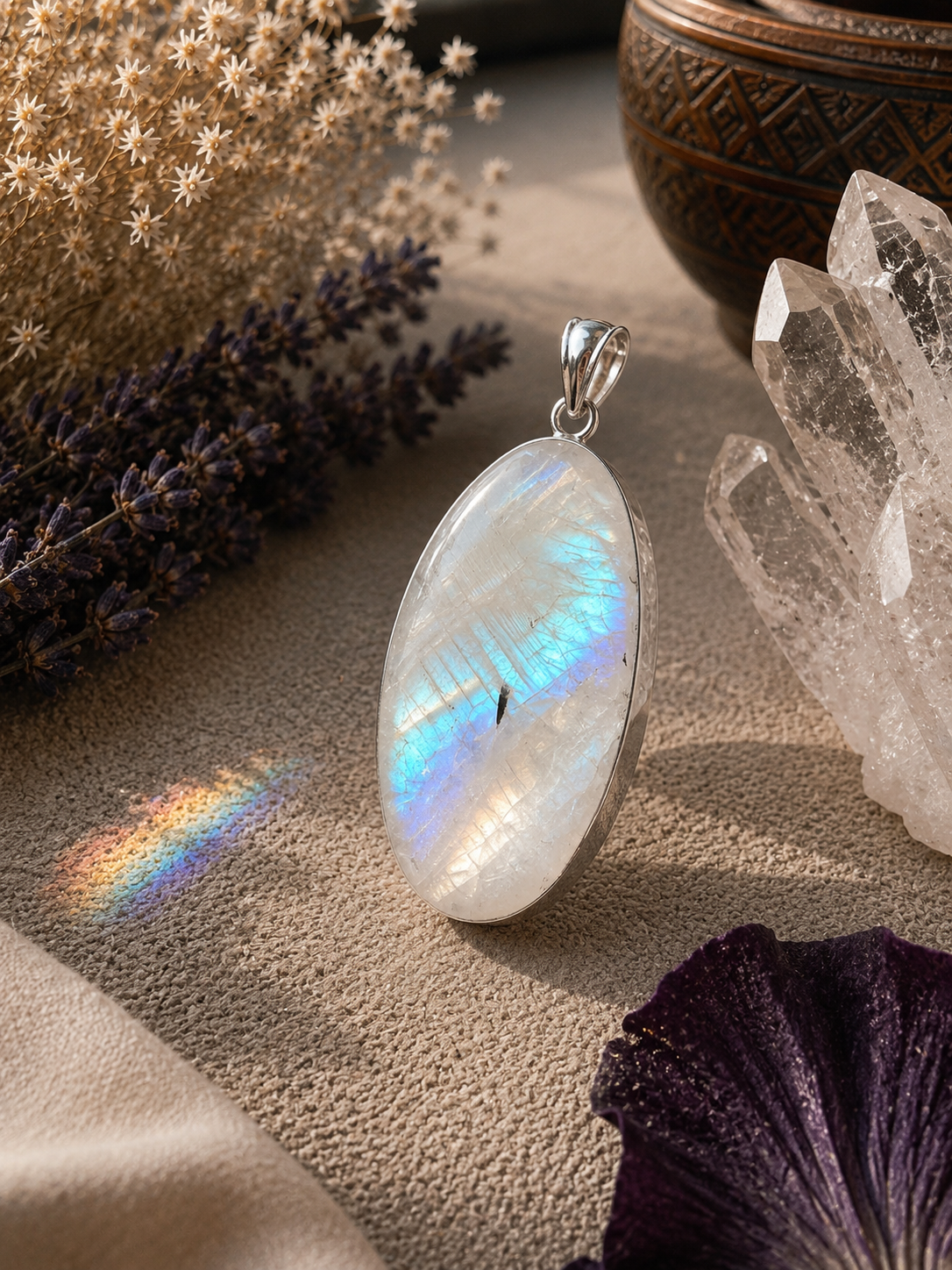 Handmade Vintage Sterling Silver Rainbow Moonstone Pendant with Black Tourmaline Inclusion