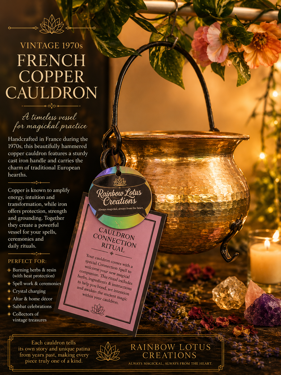 Fabulous Vintage 1970s French Cauldron with Cast Iron Handle- comes with ingredients and instructions for Cauldron Connection Spell✨
