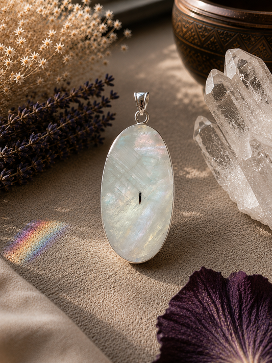Handmade Vintage Sterling Silver Rainbow Moonstone Pendant with Black Tourmaline Inclusion
