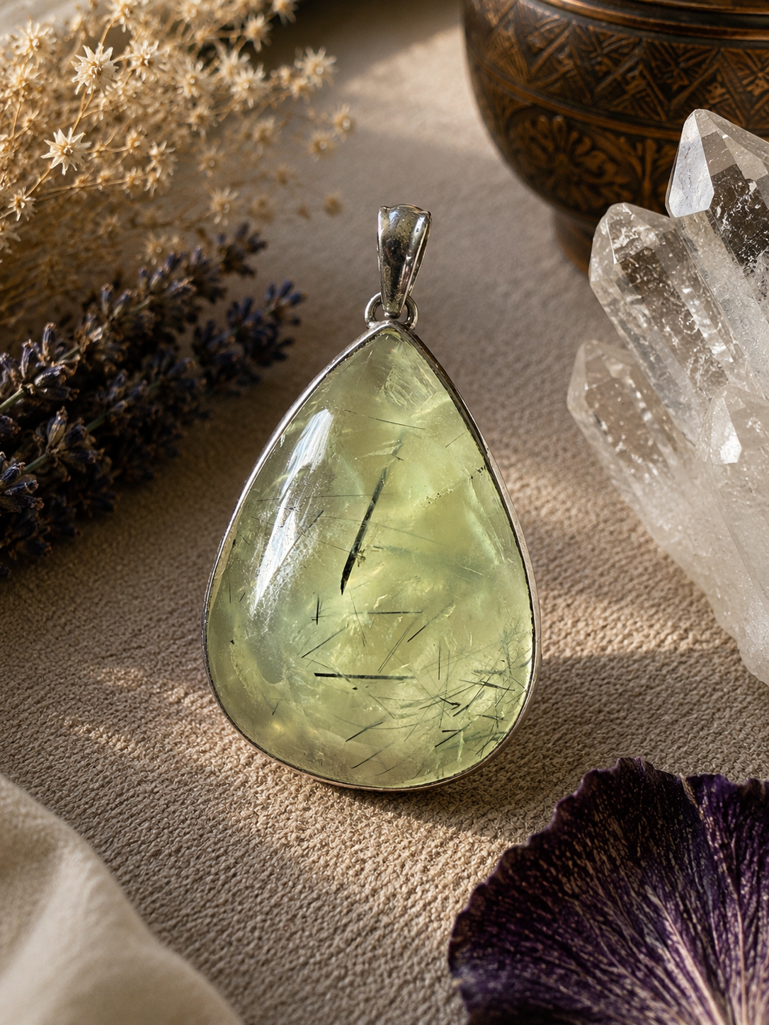 Handmade Vintage Green Prehnite Pendant with Sterling Silver setting