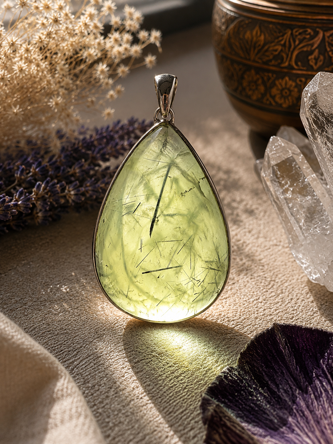 Handmade Vintage Green Prehnite Pendant with Sterling Silver setting