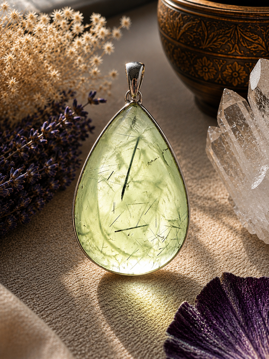 Handmade Vintage Green Prehnite Pendant with Sterling Silver setting