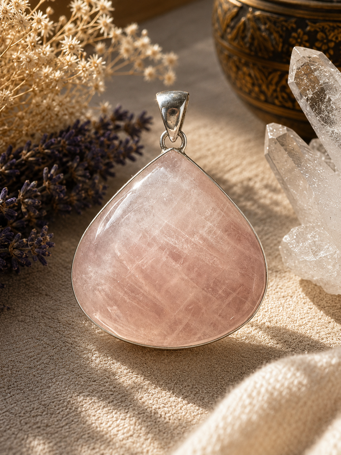 Goddess Aphrodite Rose Quartz Pendant with Sterling Silver setting