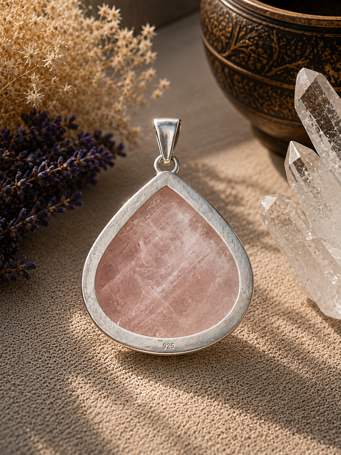 Goddess Aphrodite Rose Quartz Pendant with Sterling Silver setting