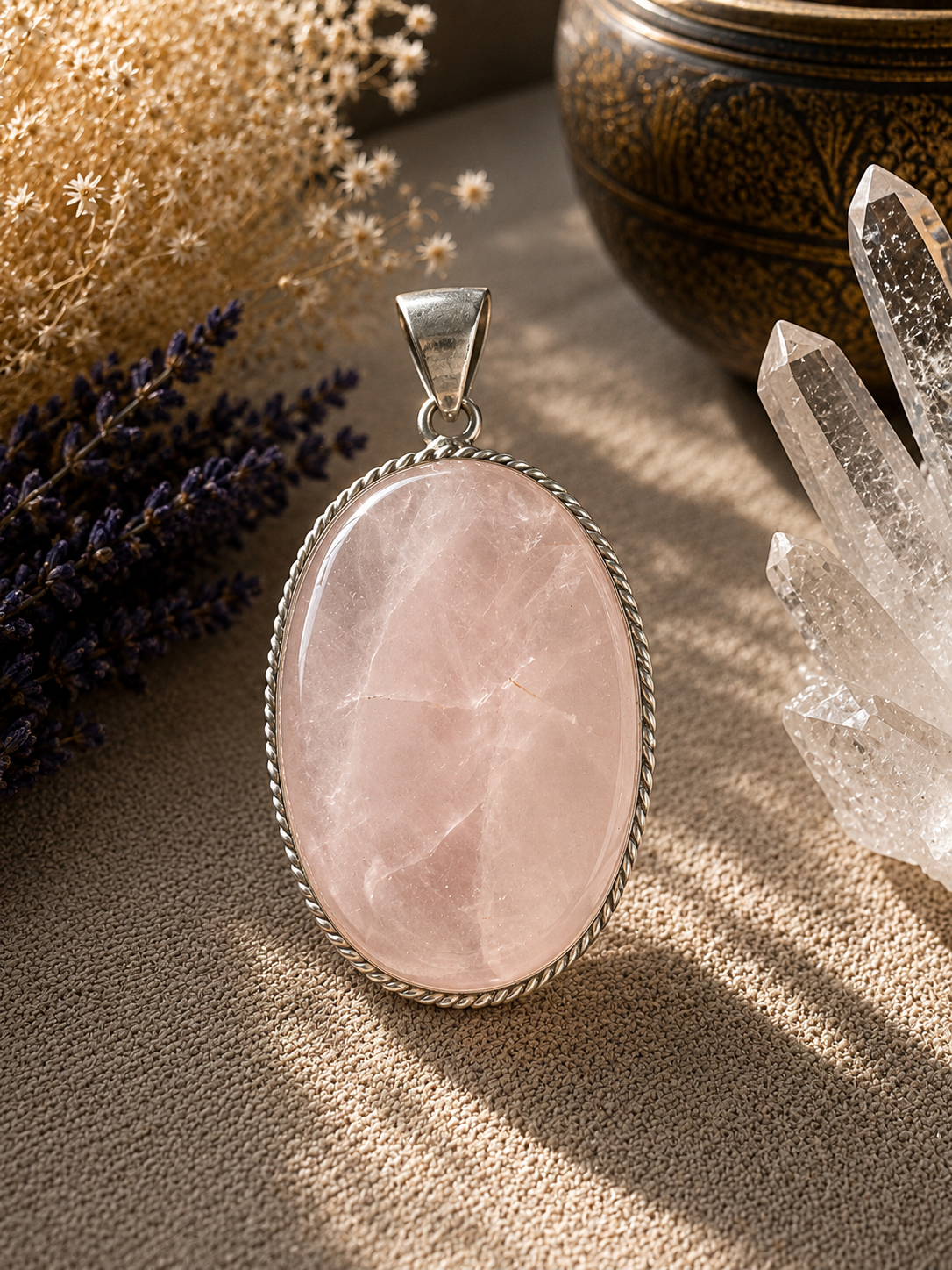 Rustic Aphrodite Rose Quartz Pendant with Sterling Silver setting