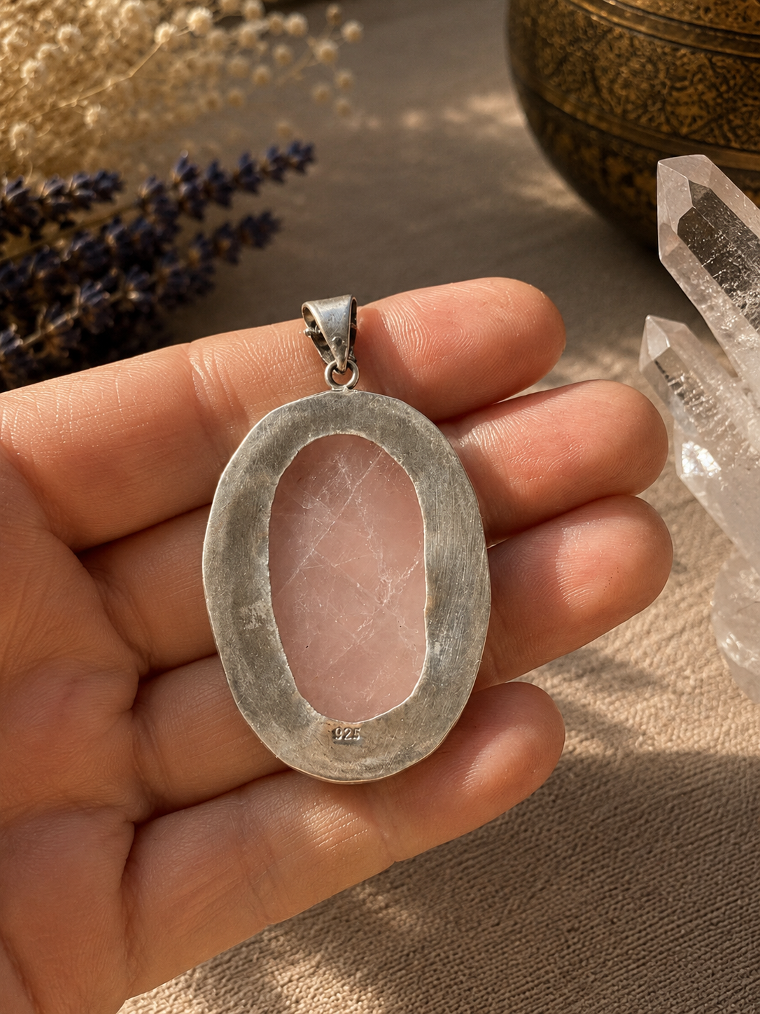 Rustic Aphrodite Rose Quartz Pendant with Sterling Silver setting