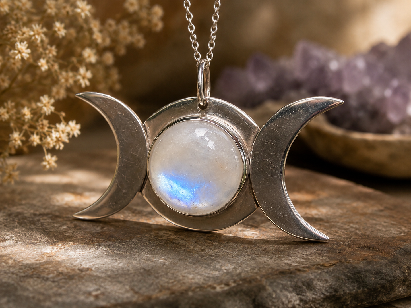 Unique Triple Moon Moonstone Pendant - hand made in Sterling SIlver