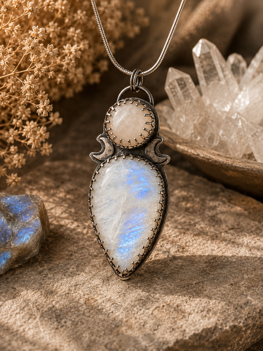 Goddess of the Moon Rose Quartz, Moonstone & Sterling Silver Pendant