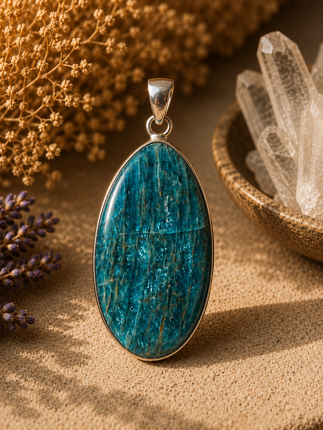 Large Blue Apatite Sterling Silver Pendant