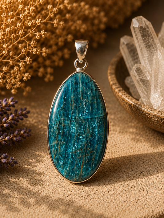 Large Blue Apatite Sterling Silver Pendant
