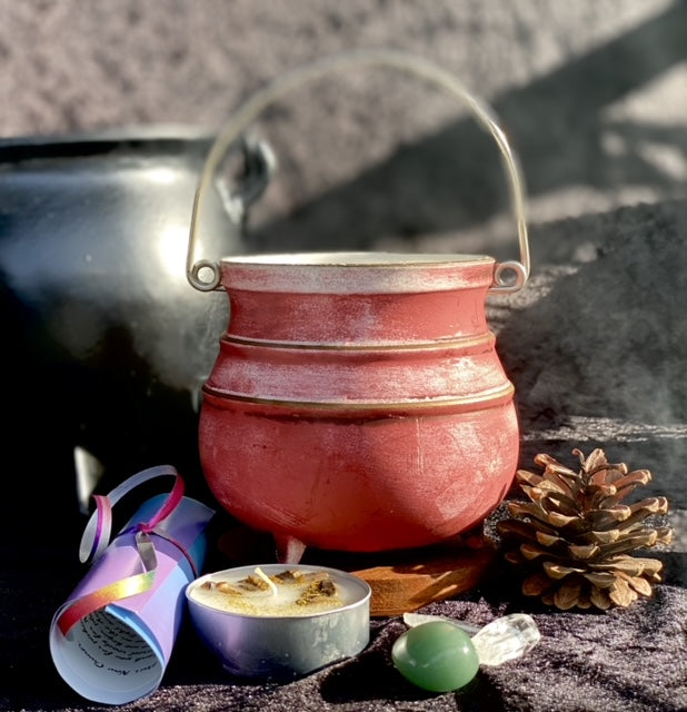 Vintage Red Cauldron with Magickal Apothecary Ingredients and Tools
