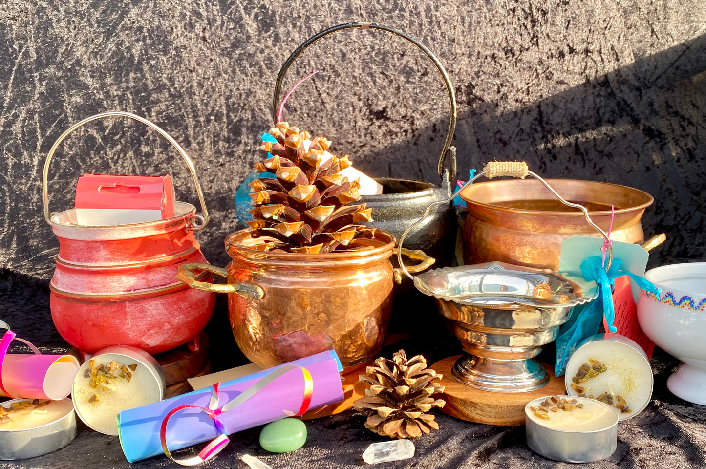 Vintage Red Cauldron with Magickal Apothecary Ingredients and Tools