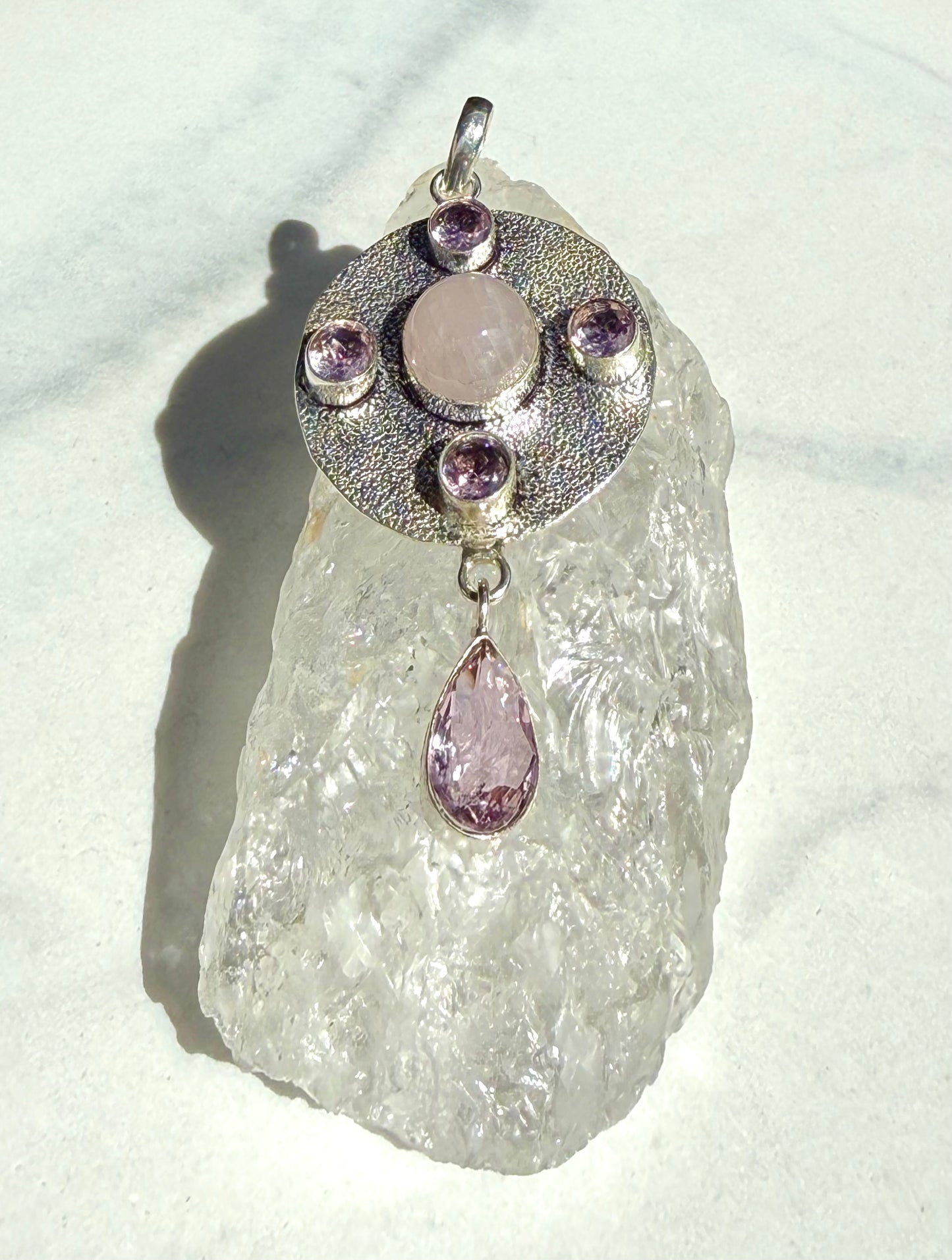Eye Catching Rose Quartz and Pink Topaz Droplet Pendant Pendant in Silver